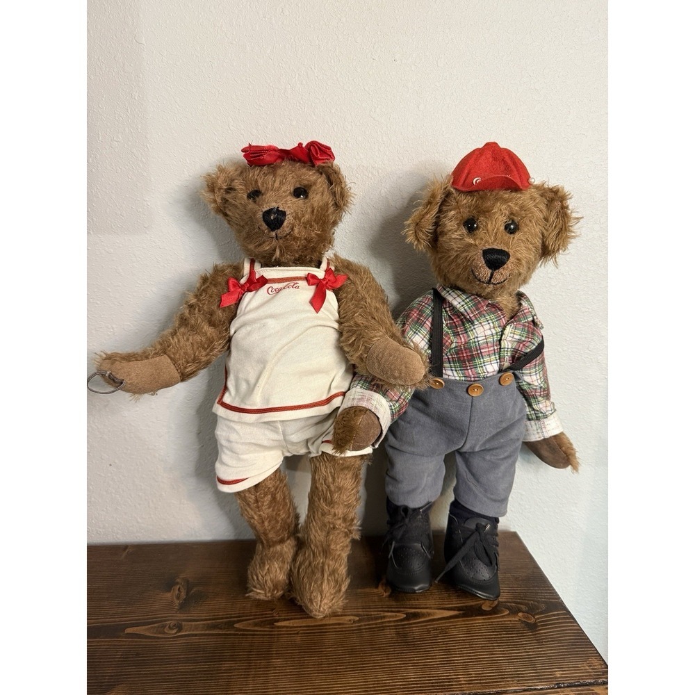 Vintage Franklin‎ Mint Coca Cola Jointed Collector Mohair Teddy Bears Set